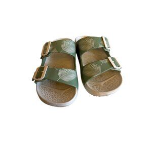 Gdefy Green Double Strap Slide Sandals Leaf Print Design & Buckles Size W10/ M8